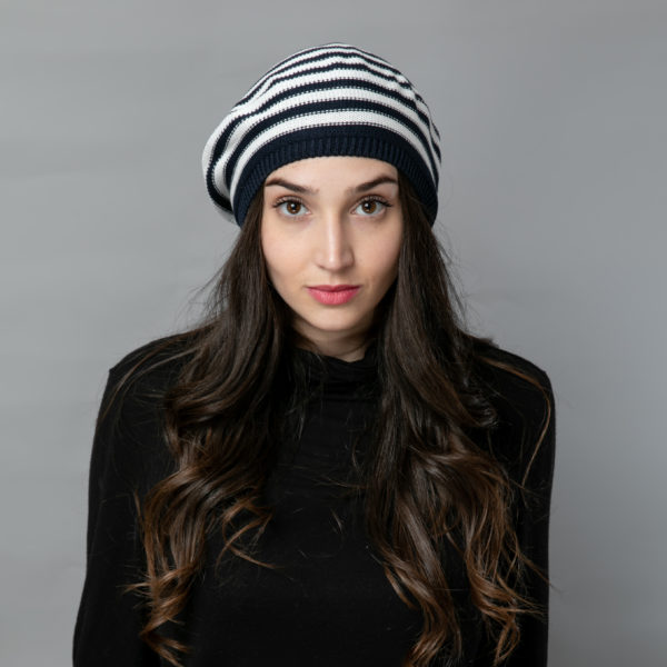 BÉRET "RIVIÉRA" BLEU MARINE & BLANC EN MAILLE FINE